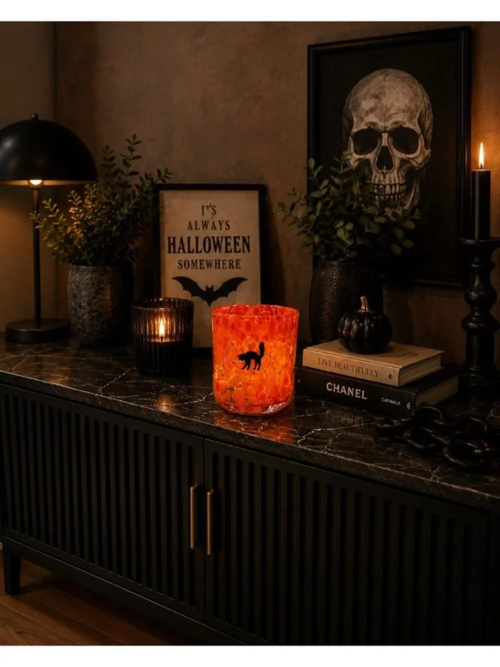 New Orange Glass Holiday Halloween Black Cat Barware Beverage Glass Cup Tumbler